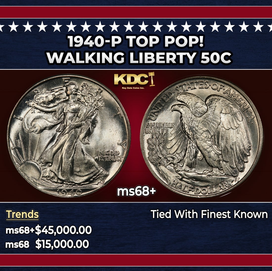 1940-p Walking Liberty Half Dollar TOP POP! 50c ms68+ SEGS: 1940-p TOP POP! Walking Liberty Half Dollar 50c ms68+ SEGS. Historic precious metal trends is causing increased spot pricing by the day. On auctions with set openings, we are doing our best to have it