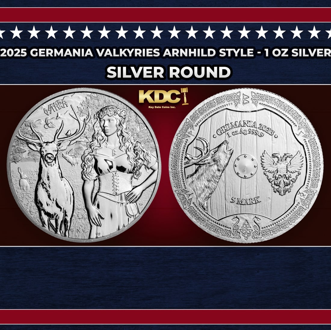 2025 Germania Valkyries Arnhild Style - 1 oz Silver Round Round: 2025 Germania Valkyries Arnhild Style - 1 oz Silver Round. The Germania Mint introduced the Valkyries series to celebrate goddesses of Germanic culture who are said to carry the souls of fallen warrio