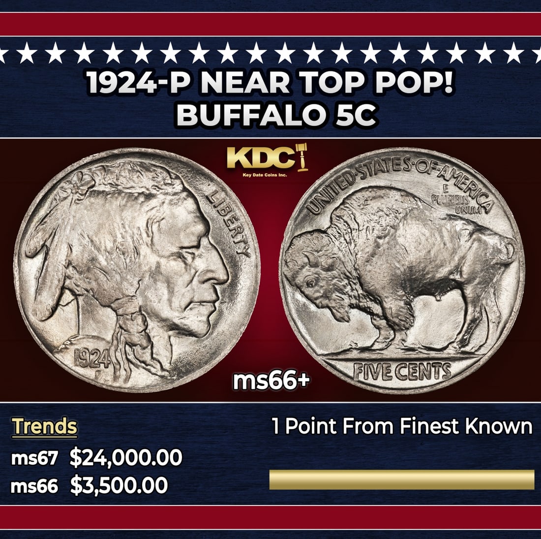 1924-p Buffalo Nickel Near Top Pop! 5c ms66+ SEGS: 1924-p Near Top Pop! Buffalo Nickel 5c ms66+ SEGS. Historic precious metal trends is causing increased spot pricing by the day. On auctions with set openings, we are doing our best to have items price