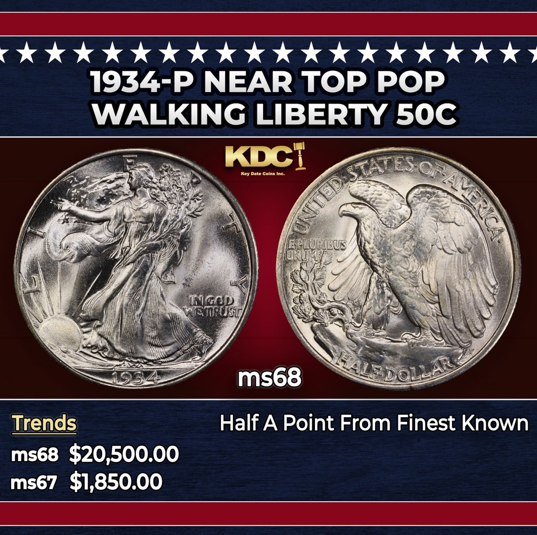 1934-p Walking Liberty Half Dollar Near Top Pop 50c ms68 SEGS: 1934-p Near Top Pop Walking Liberty Half Dollar 50c ms68 SEGS. Historic precious metal trends is causing increased spot pricing by the day. On auctions with set openings, we are doing our best to have