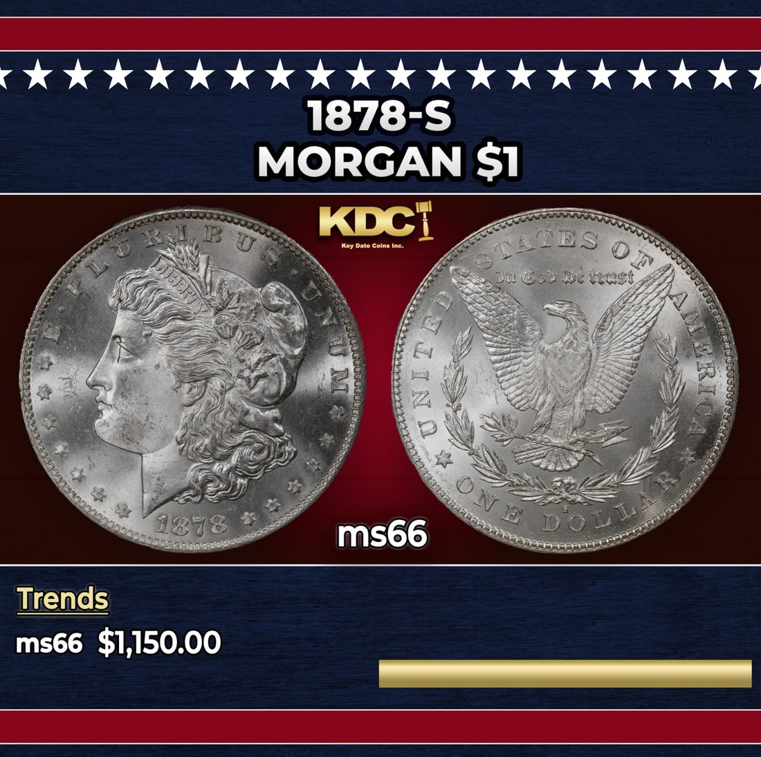 1878-s Morgan Dollar $1 ms66 SEGS: 1878-s Morgan Dollar $1 ms66 SEGS. Slightly better date. First year of issue. Historic precious metal trends is causing increased spot pricing by the day. On auctions with set openings, we are doing o