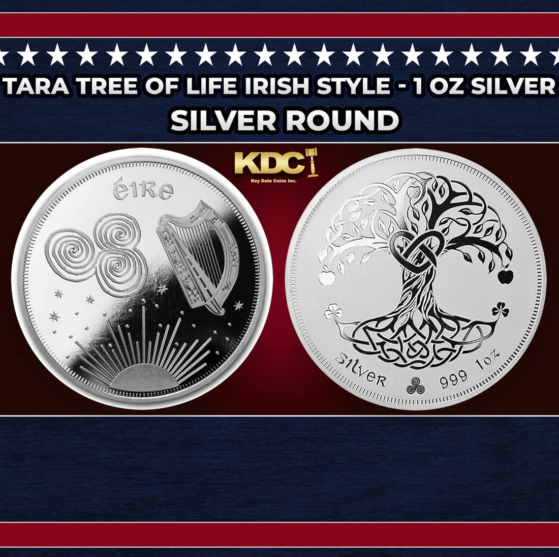 Tara Tree of Life Irish Style - 1 oz Silver Round Round: Tara Tree of Life Irish Style - 1 oz Silver Round. This unique silver round celebrates the Eire (Ireland) and our planet. Obverse of tri-spiral from 5200 year old Newgrange, Irish Harp, Eire and the s