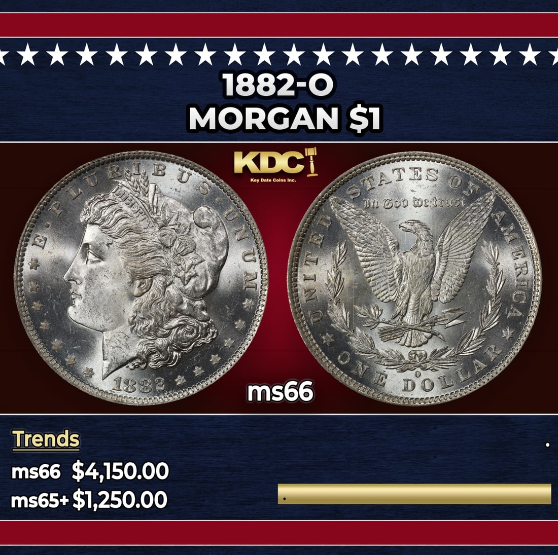 1882-o Morgan Dollar $1 ms66 SEGS: 1882-o Morgan Dollar $1 ms66 SEGS. Historic precious metal trends is causing increased spot pricing by the day. On auctions with set openings, we are doing our best to have items priced at their marke