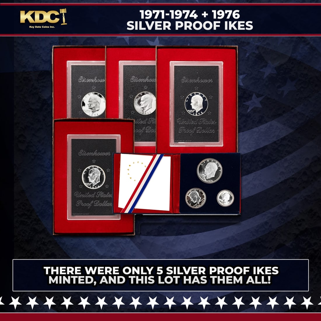 1971-1974 + 1976 Silver Proof Ikes Sets, 5 Sets, 7 Coins, 5 SILVER PROOF IKES: 1971-1974 + 1976 Silver Proof Ikes Sets, 5 Sets, 7 Coins, 5 SILVER PROOF IKES. Historic precious metal trends is causing increased spot pricing by the day. On auctions with set openings, we are doing