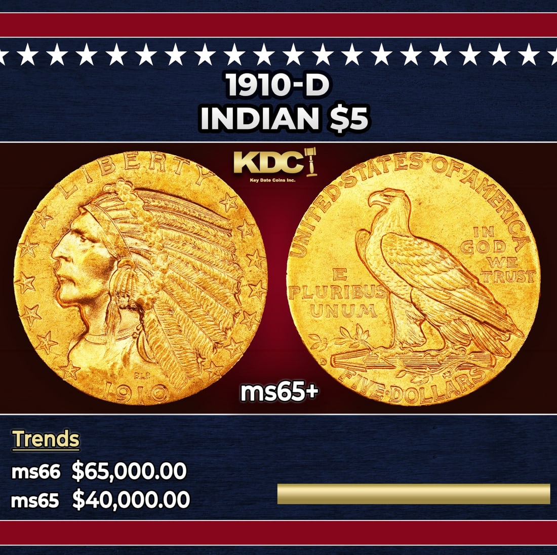 1910-d Gold Indian Half Eagle $5 ms65+ USCG: 1910-d Gold Indian Half Eagle $5 ms65+ USCG. The 1910-D is one of the more conditionally challenging issues in the Indian half eagle series. It is easily obtainable in MS63 and lower grades, but in MS