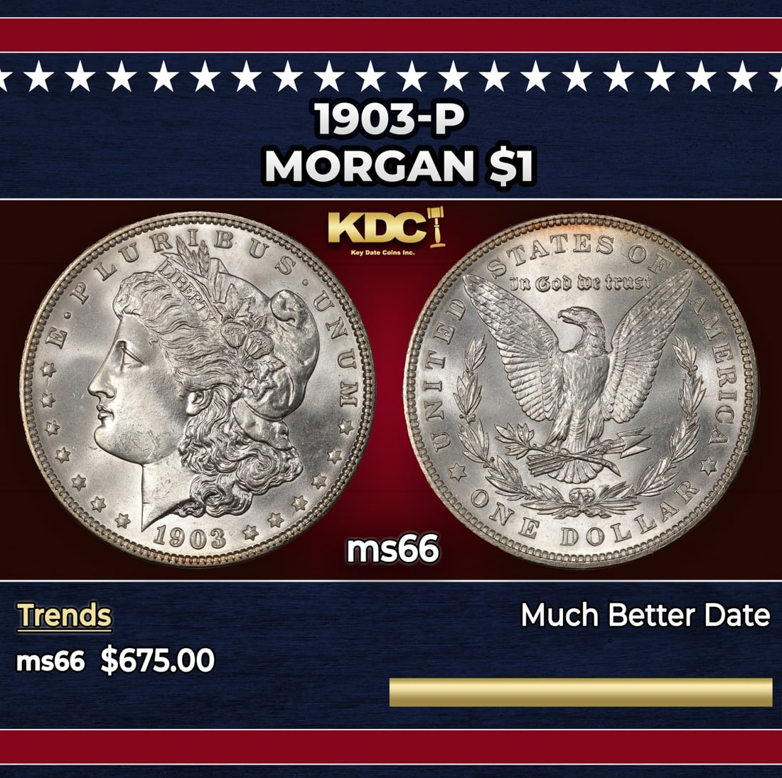1903-p Morgan Dollar $1 Grades ms66: 1903-p Morgan Dollar $1 Grades ms66. Historic precious metal trends is causing increased spot pricing by the day. On auctions with set openings, we are doing our best to have items priced at their mar