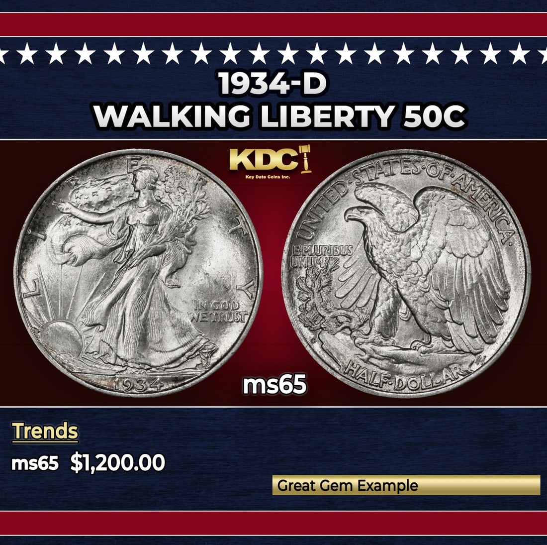1934-d Walking Liberty Half Dollar 50c ms65 SEGS: 1934-d Walking Liberty Half Dollar 50c ms65 SEGS. Historic precious metal trends is causing increased spot pricing by the day. On auctions with set openings, we are doing our best to have items priced