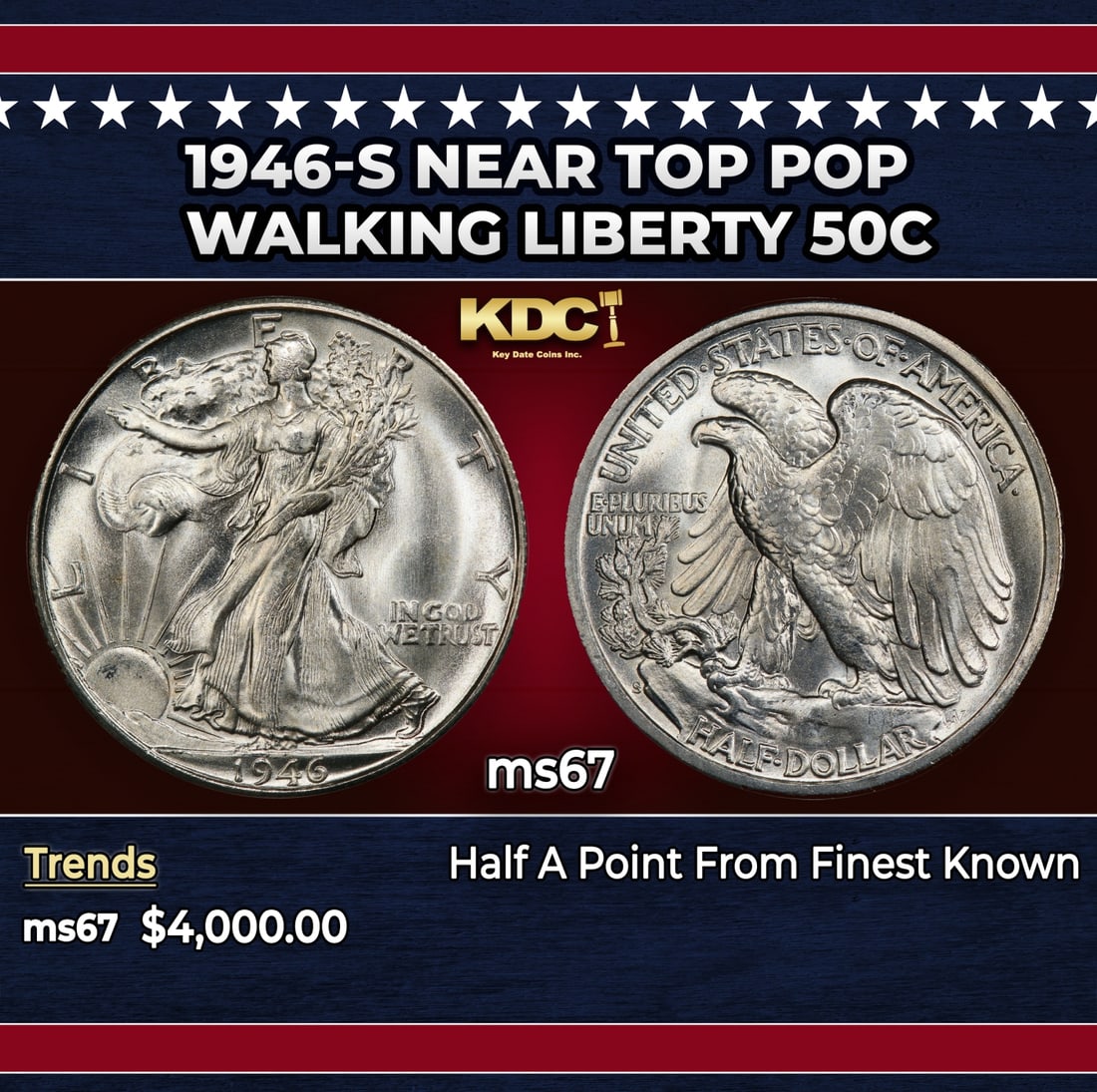 1946-s Walking Liberty Half Dollar Near Top Pop 50c ms67 SEGS: 1946-s Near Top Pop Walking Liberty Half Dollar 50c ms67 SEGS. Historic precious metal trends is causing increased spot pricing by the day. On auctions with set openings, we are doing our best to have