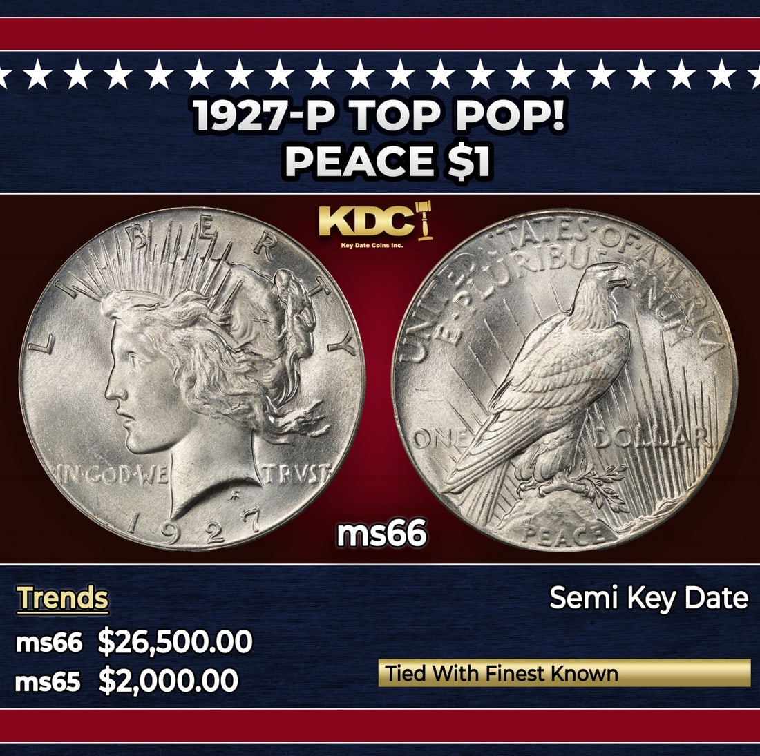 1927-p Peace Dollar TOP POP! $1 ms66 SEGS: 1927-p TOP POP! Peace Dollar $1 ms66 SEGS. The 27-p is the big sleeper of numismatics in my opinion. It has the 2nd lowest mintage in the whole Peace dollar series. Lower than the 34-s, the 21-p, yet