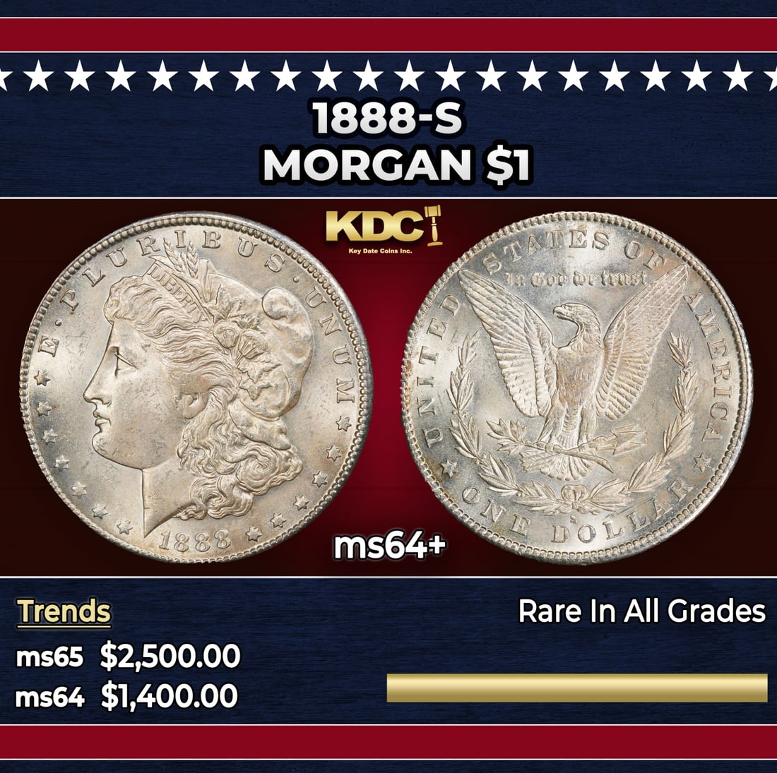 1888-s Morgan Dollar $1 ms64+ SEGS: 1888-s Morgan Dollar $1 ms64+ SEGS. Historic precious metal trends is causing increased spot pricing by the day. On auctions with set openings, we are doing our best to have items priced at their mark