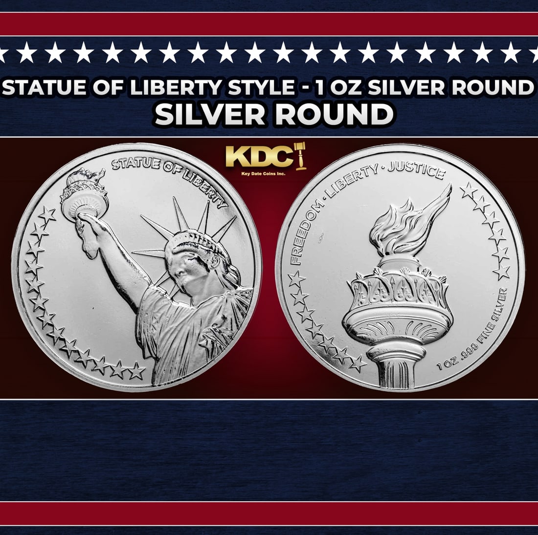 Statue of Liberty Style - 1 oz Silver Round Round: Statue of Liberty Style - 1 oz Silver Round. Lady Liberty has served as a beacon of freedom and hope for many generations and is one of the most recognizable symbols of the American spirit. Celebrate