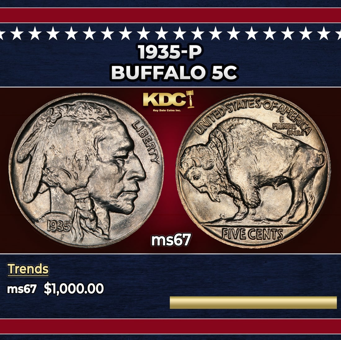 1935-p Buffalo Nickel 5c ms67 SEGS: 1935-p Buffalo Nickel 5c ms67 SEGS. Historic precious metal trends is causing increased spot pricing by the day. On auctions with set openings, we are doing our best to have items priced at their mark