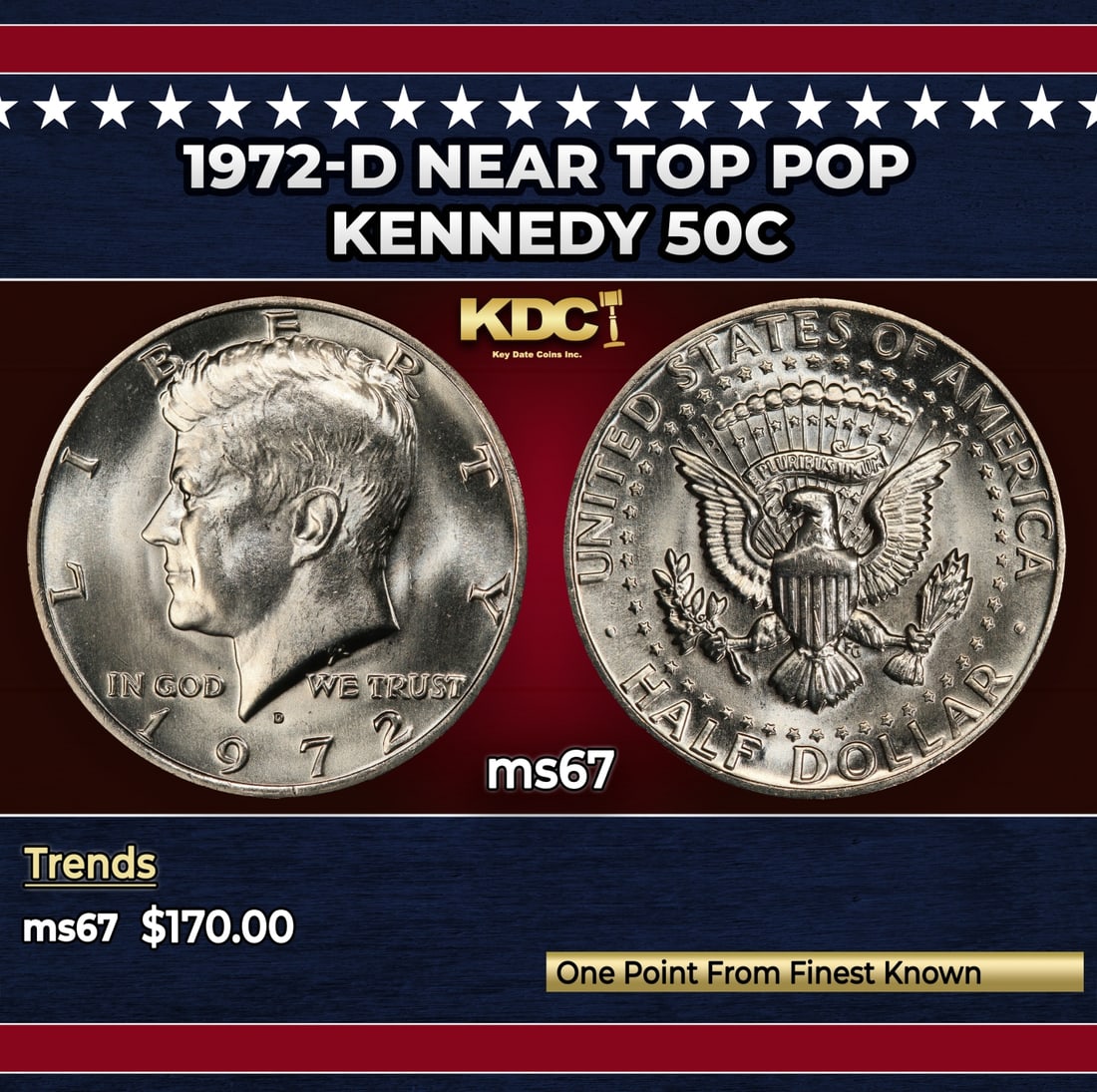 1972-d Kennedy Half Dollar Near Top Pop 50c ms67 SEGS: 1972-d Near Top Pop Kennedy Half Dollar 50c ms67 SEGS. Historic precious metal trends is causing increased spot pricing by the day. On auctions with set openings, we are doing our best to have items p