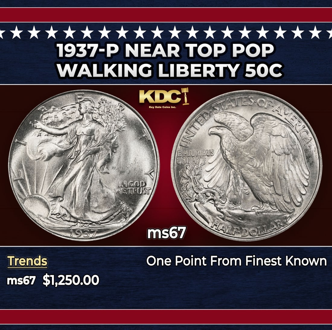 1937-p Walking Liberty Half Dollar Near Top Pop 50c ms67 SEGS: 1937-p Near Top Pop Walking Liberty Half Dollar 50c ms67 SEGS. Historic precious metal trends is causing increased spot pricing by the day. On auctions with set openings, we are doing our best to have