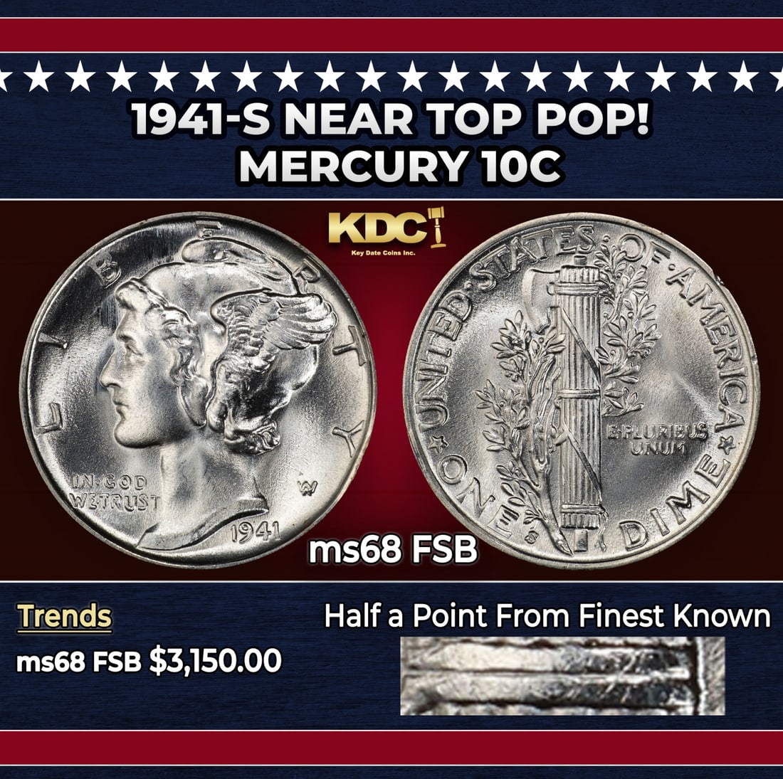 1941-s Mercury Dime Near Top Pop! 10c ms68 FSB SEGS: 1941-s Near Top Pop! Mercury Dime 10c ms68 FSB SEGS. Historic precious metal trends is causing increased spot pricing by the day. On auctions with set openings, we are doing our best to have items pri