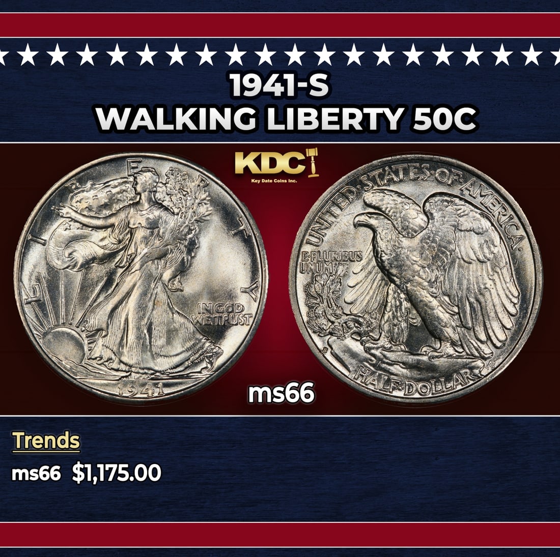 1941-s Walking Liberty Half Dollar 50c ms66 SEGS: 1941-s Walking Liberty Half Dollar 50c ms66 SEGS. Historic precious metal trends is causing increased spot pricing by the day. On auctions with set openings, we are doing our best to have items priced