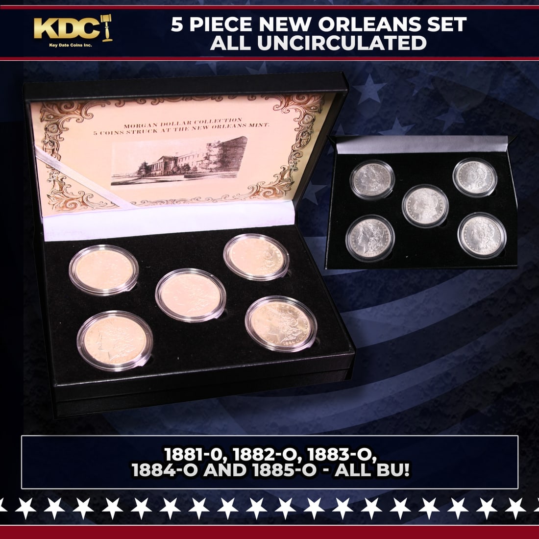 5x Coin New Orleans MORGAN Set 1881-o Through 1885-o ALL UNC, 5 Morgan Dollars: 5x Coin New Orleans MORGAN Set 1881-o Through 1885-o ALL UNC, 5 Morgan Dollars. Please Note All Backer Cards may have slight differences but will be very similar if not identical to the one in the pho