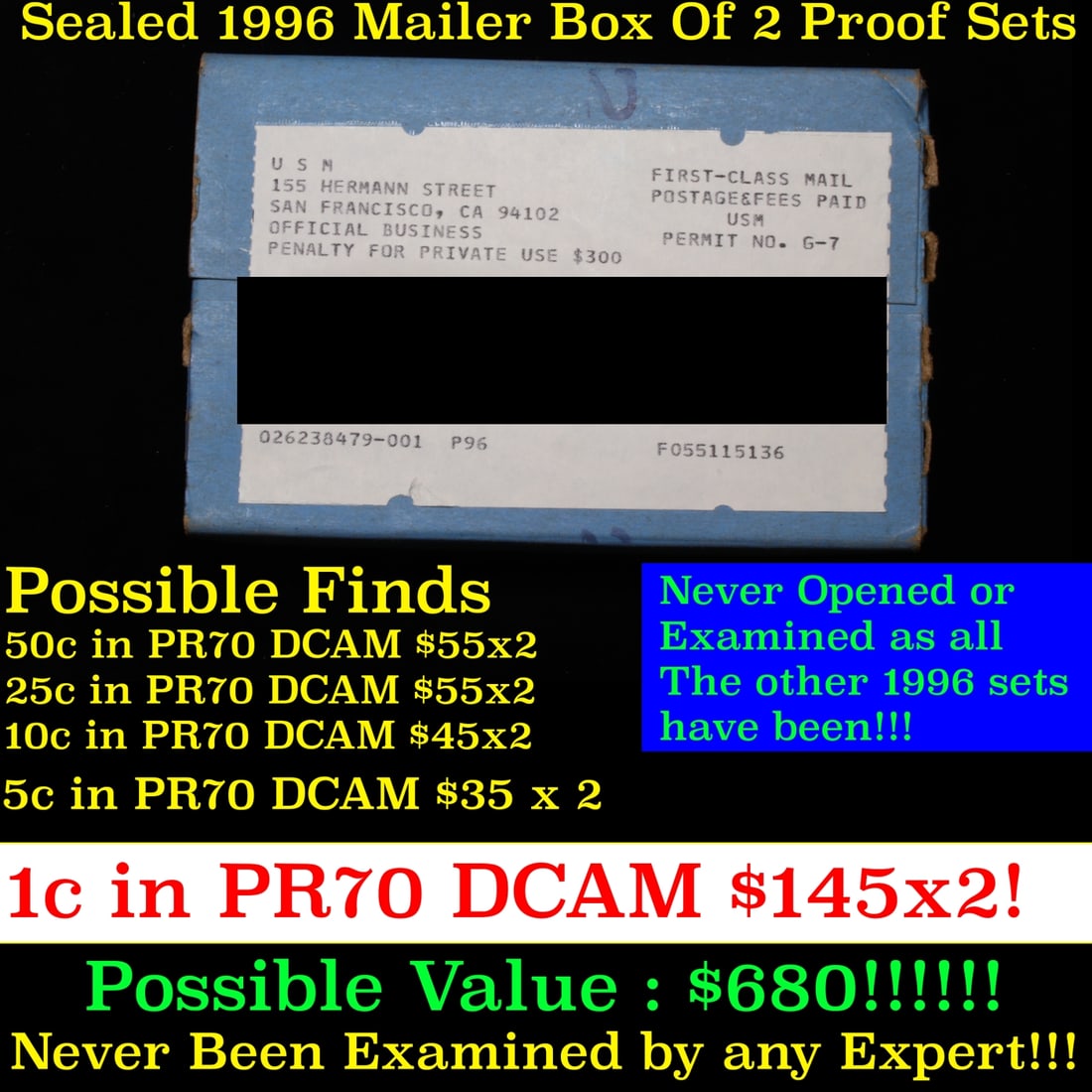 Original sealed box of 5x 1996 United States Mint Proof Sets: Original sealed box of 5x 1996 United States Mint Proof Sets. Historic precious metal trends is causing increased spot pricing by the day. On auctions with set openings, we are doing our best to have