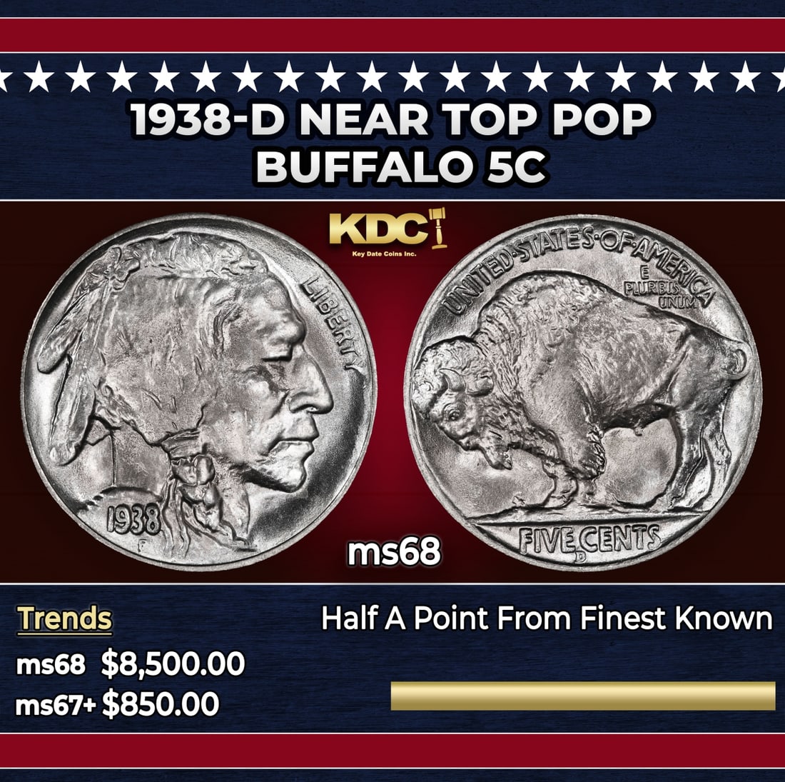 1938-d Buffalo Nickel Near Top Pop 5c ms68 SEGS: 1938-d Near Top Pop Buffalo Nickel 5c ms68 SEGS. Historic precious metal trends is causing increased spot pricing by the day. On auctions with set openings, we are doing our best to have items priced