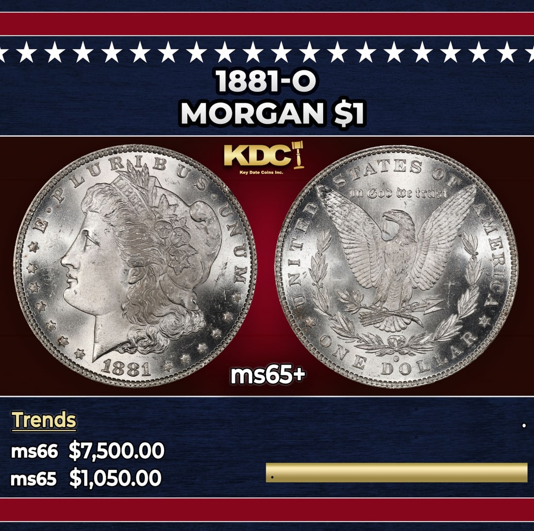 1881-o Morgan Dollar $1 ms65+ SEGS: 1881-o Morgan Dollar $1 ms65+ SEGS. Historic precious metal trends is causing increased spot pricing by the day. On auctions with set openings, we are doing our best to have items priced at their mark