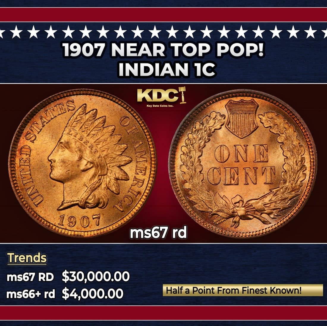 1907 Indian Cent Near Top Pop! 1c ms67 rd SEGS: 1907 Near Top Pop! Indian Cent 1c ms67 rd SEGS. Historic precious metal trends is causing increased spot pricing by the day. On auctions with set openings, we are doing our best to have items priced a