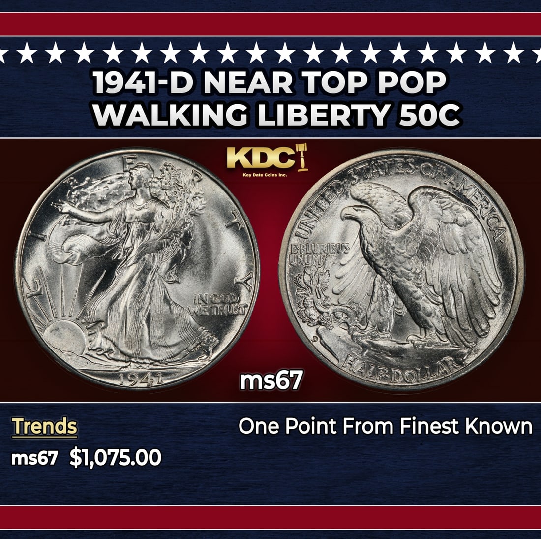 1941-d Walking Liberty Half Dollar Near Top Pop 50c ms67 SEGS: 1941-d Near Top Pop Walking Liberty Half Dollar 50c ms67 SEGS. Historic precious metal trends is causing increased spot pricing by the day. On auctions with set openings, we are doing our best to have
