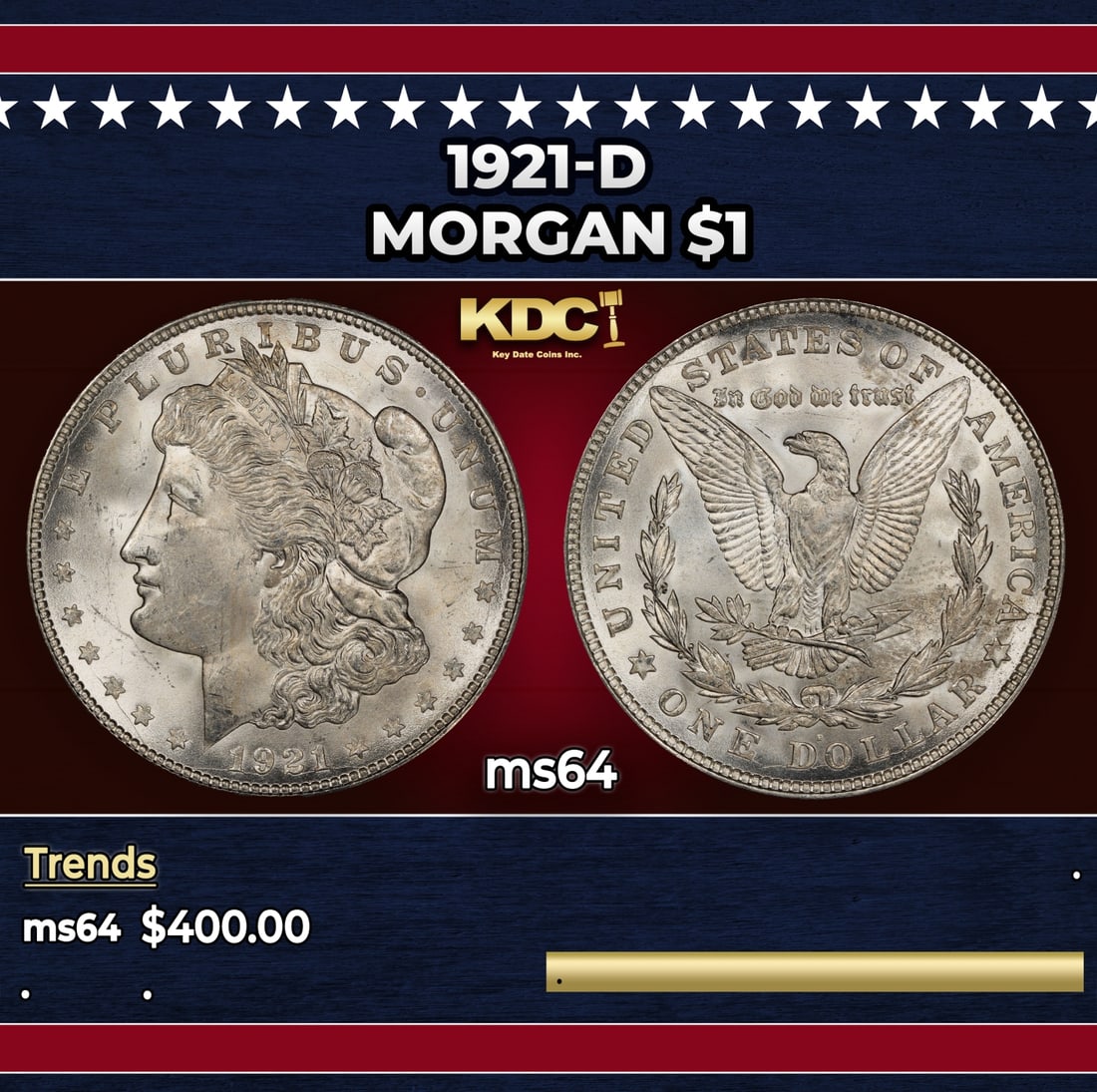1921-d Morgan Dollar $1 Grades ms64: 1921-d Morgan Dollar $1 Grades ms64. Historic precious metal trends is causing increased spot pricing by the day. On auctions with set openings, we are doing our best to have items priced at their mar