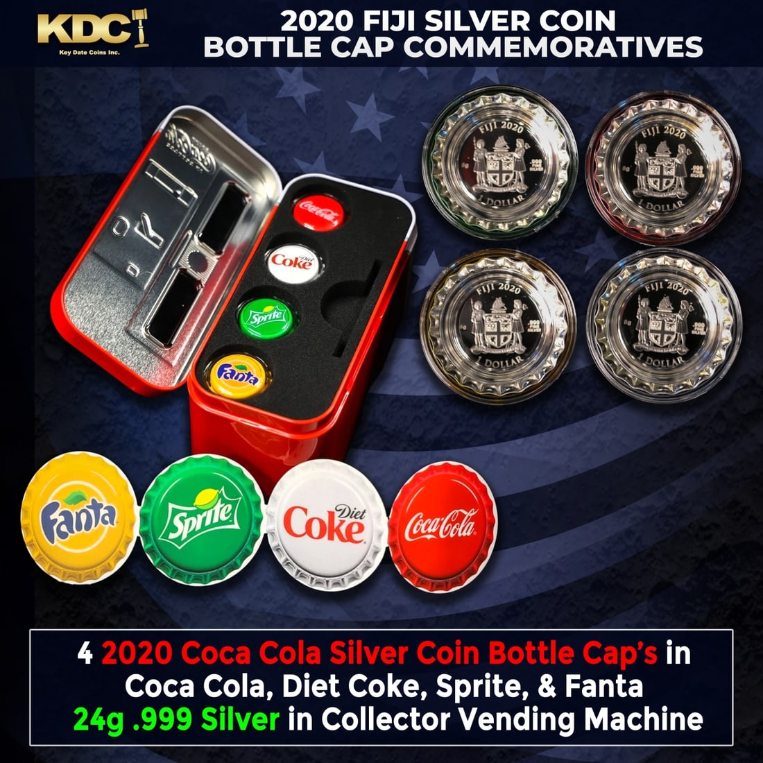2020 4 Silver Coin Botte Cap Ser Coca Cola, Diet Coke, Sprite, Fanta Commerative Coin 24g .999: 2020 4 Silver Coin Botte Cap Ser Coca Cola, Diet Coke, Sprite, Fanta Commerative Coin 24g .999 Silver in Collector Vending Machine. Historic precious metal trends is causing increased spot pricing by