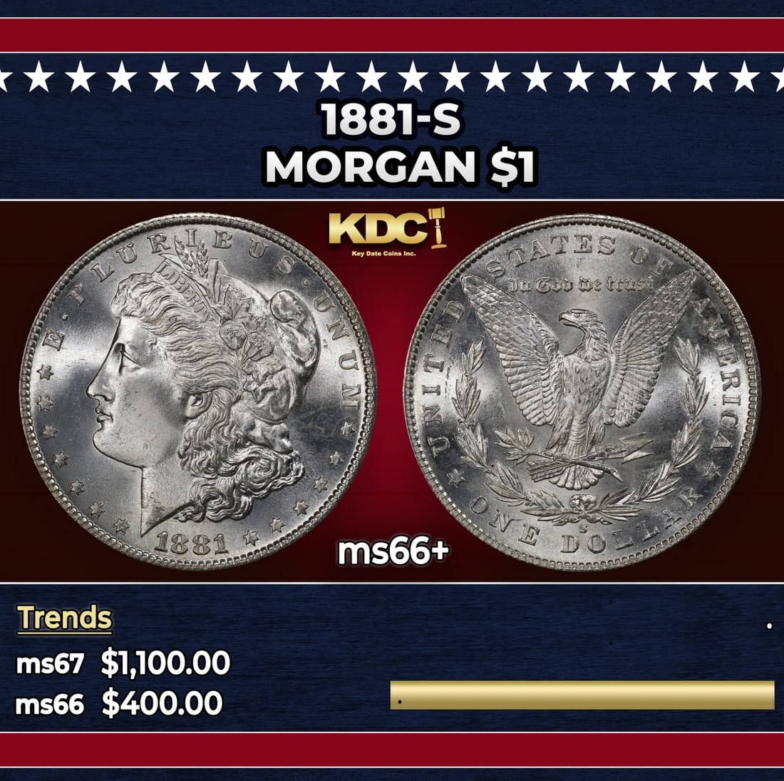 1881-s Morgan Dollar $1 ms66+ SEGS: 1881-s Morgan Dollar $1 ms66+ SEGS. Historic precious metal trends is causing increased spot pricing by the day. On auctions with set openings, we are doing our best to have items priced at their mark