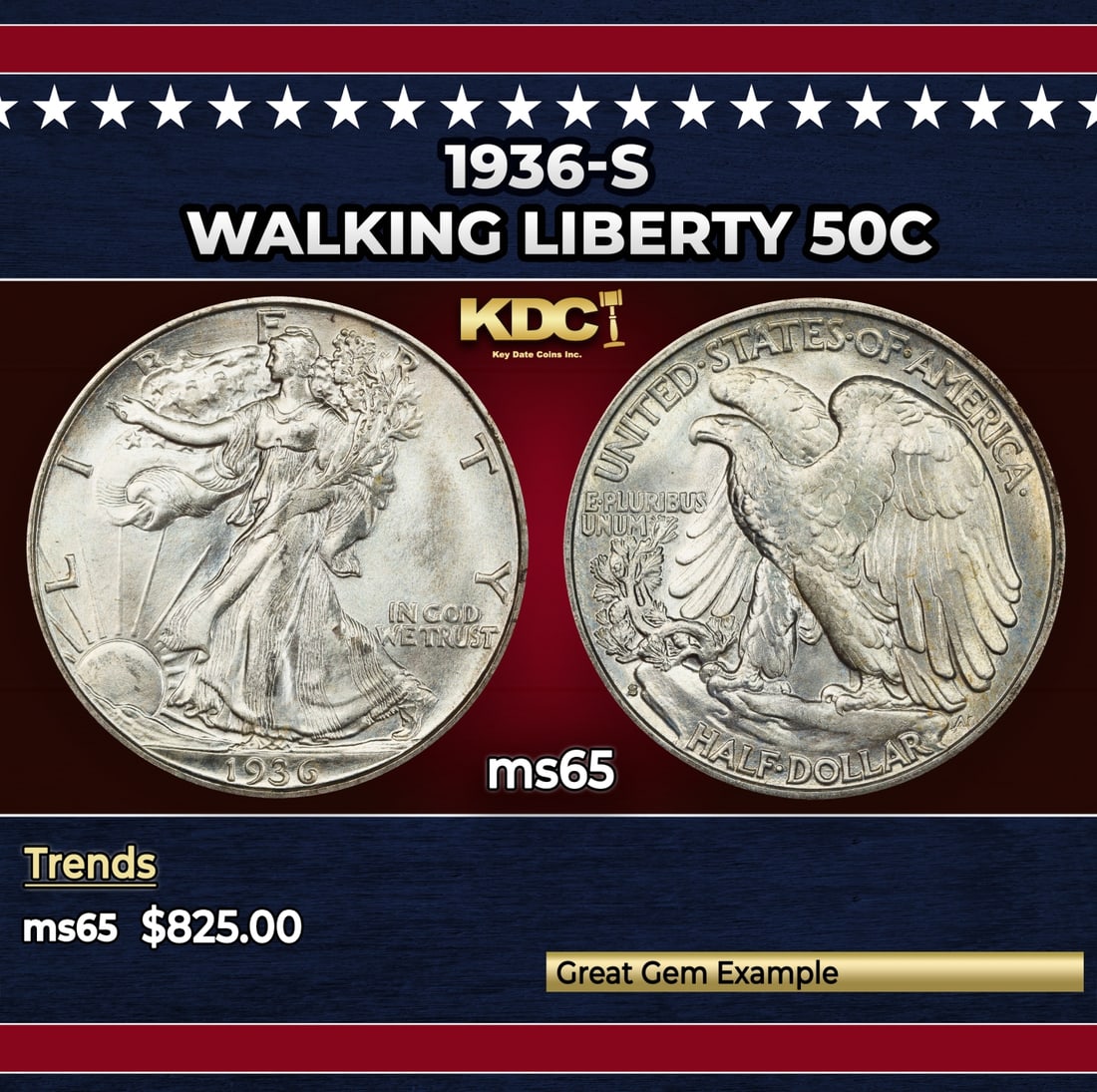 1936-s Walking Liberty Half Dollar 50c Grades ms65: 1936-s Walking Liberty Half Dollar 50c Grades ms65. Historic precious metal trends is causing increased spot pricing by the day. On auctions with set openings, we are doing our best to have items pric