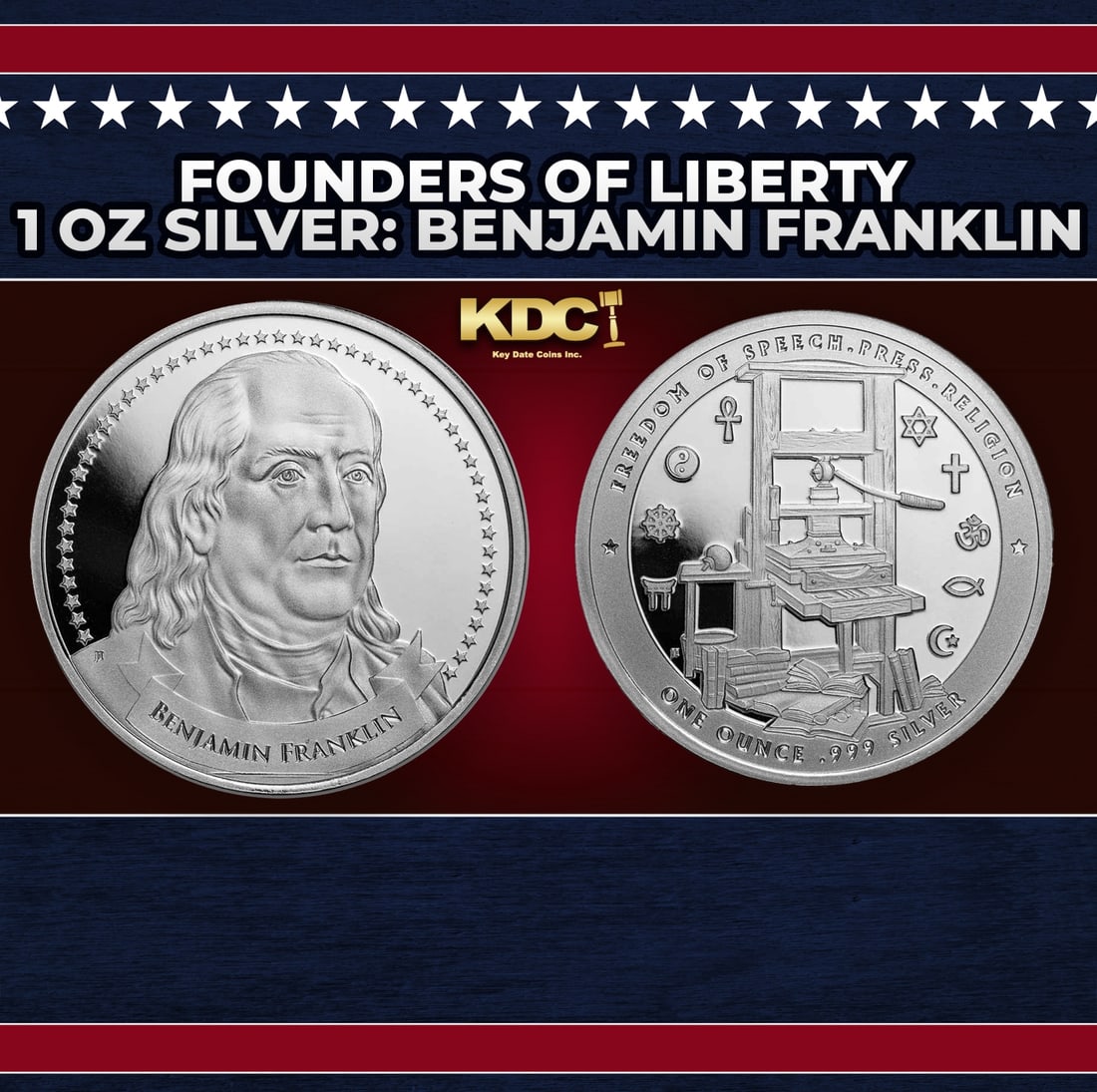 Founders of Liberty 1 oz Silver: Benjamin Franklin Round: Founders of Liberty 1 oz Silver: Benjamin Franklin. This is the first round in an exclusive series from APMEX celebrating the ideas that make liberty possible along with the people behind them. Each r