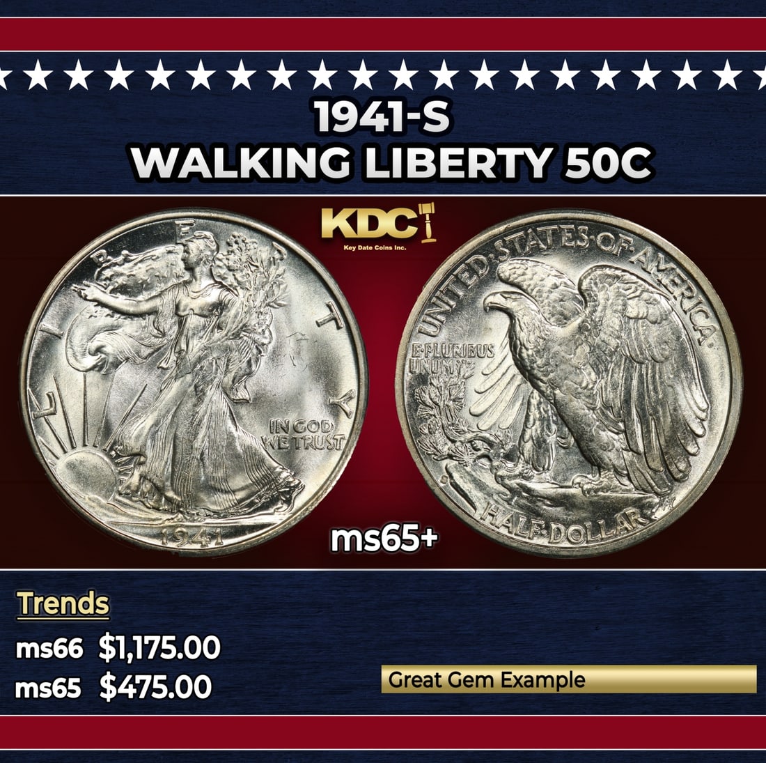 1941-s Walking Liberty Half Dollar 50c Grades ms65+: 1941-s Walking Liberty Half Dollar 50c Grades ms65+. Historic precious metal trends is causing increased spot pricing by the day. On auctions with set openings, we are doing our best to have items pri
