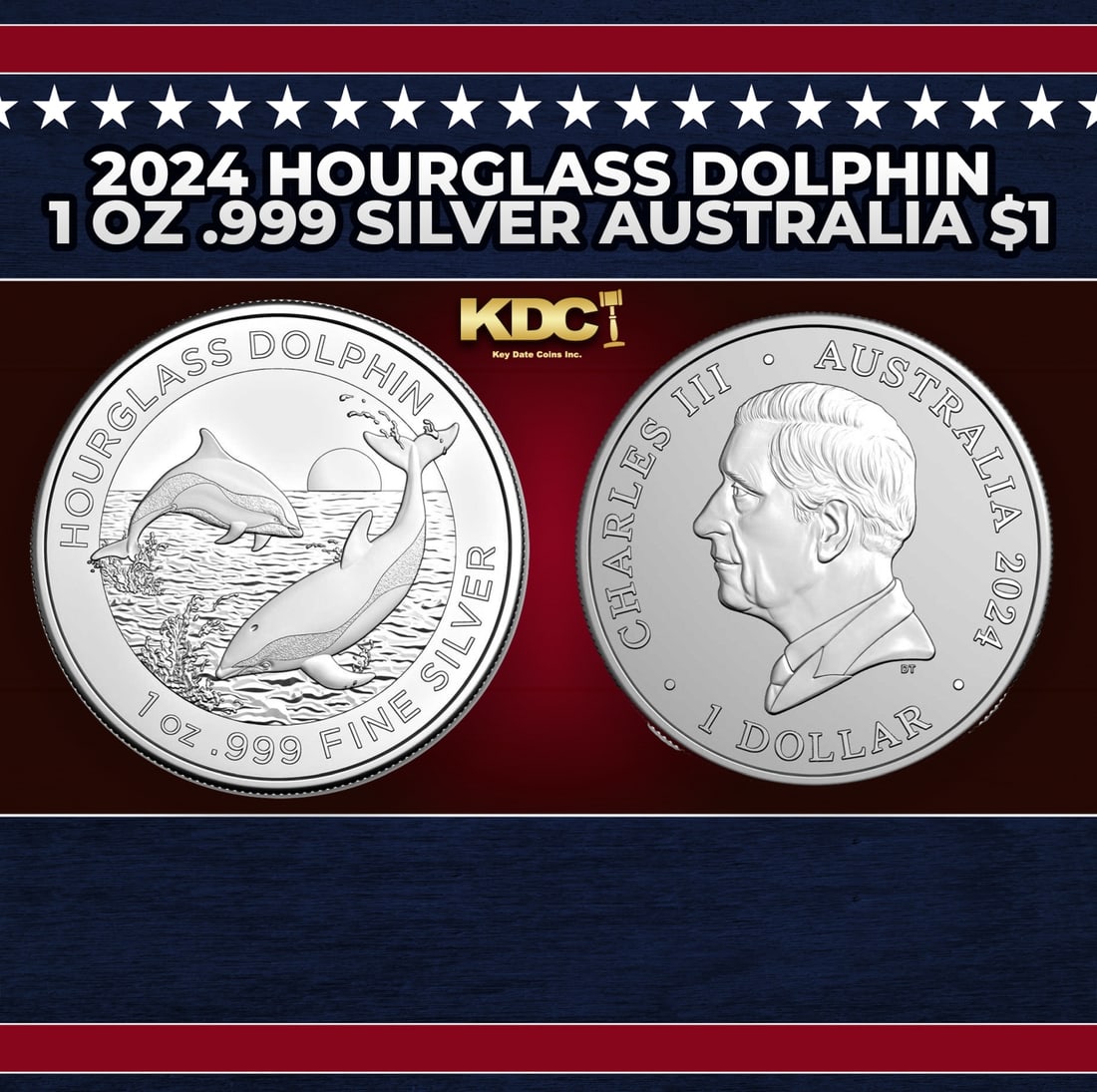 2024 Hourglass Dolphin 1 oz .999 Silver Australia $1 Round: 2024 Hourglass Dolphin 1 oz .999 Silver Australia $1. This low mintage coin is the sixth silver release in the Dolphin bullion series by the Royal Australian Mint. This coin has a limited mintage of 2