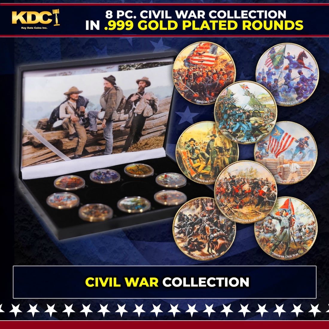 (1861-1865) United States Civil War 8 Coin Gold Plated Round Collection: (1861-1865) United States Civil War 8 Coin Gold Plated Round Collection. Please Note All Backer Cards may have slight differences but will be very similar if not identical to the one in the photoHisto