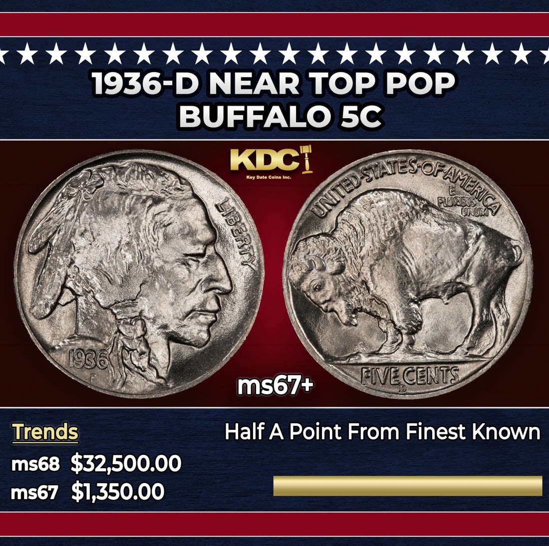 1936-d Buffalo Nickel Near Top Pop 5c ms67+ SEGS: 1936-d Near Top Pop Buffalo Nickel 5c ms67+ SEGS. Historic precious metal trends is causing increased spot pricing by the day. On auctions with set openings, we are doing our best to have items priced