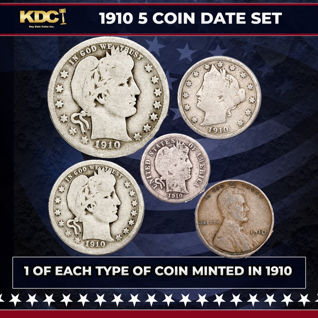1910 5 Coin Date Set, 1 Of Each Type Of Coin Minted in 1910: 1910 5 Coin Date Set, 1 Of Each Type Of Coin Minted in 1910. Please Note All Backer Cards may have slight differences but will be very similar if not identical to the one in the photoHistoric precious