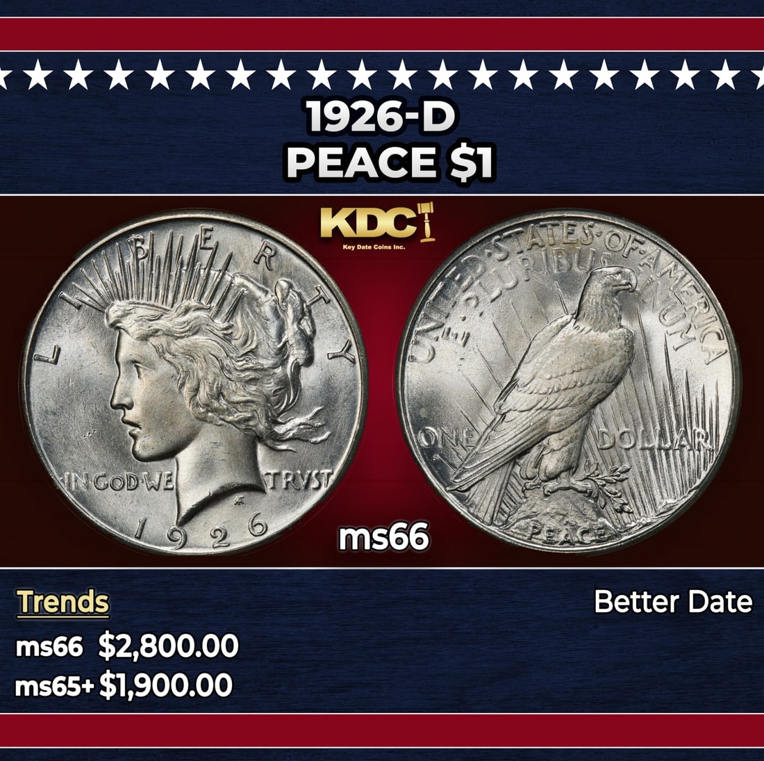 1926-d Peace Dollar $1 ms66 SEGS: 1926-d Peace Dollar $1 ms66 SEGS. Historic precious metal trends is causing increased spot pricing by the day. On auctions with set openings, we are doing our best to have items priced at their market