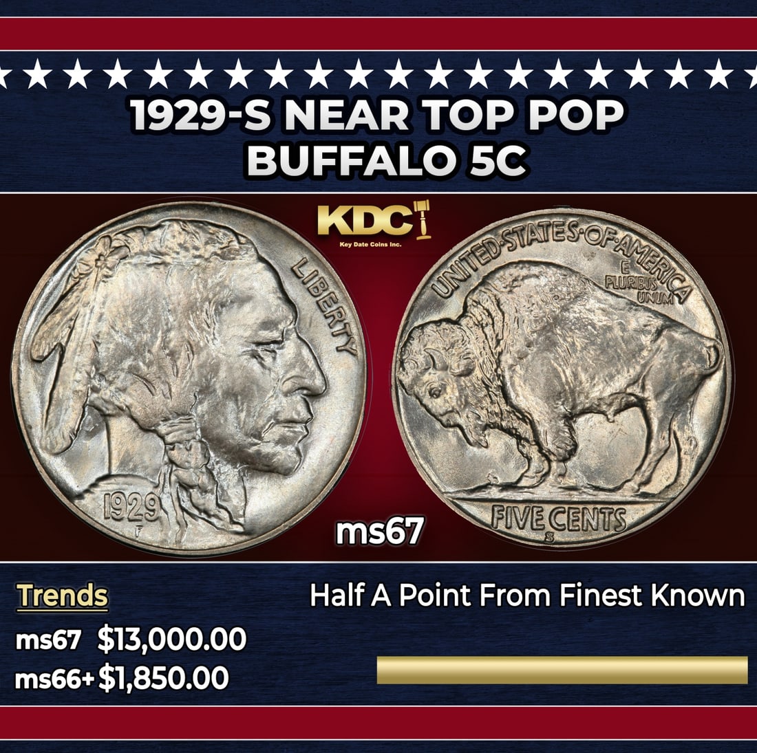 1929-s Buffalo Nickel Near Top Pop 5c ms67 SEGS: 1929-s Near Top Pop Buffalo Nickel 5c ms67 SEGS. Historic precious metal trends is causing increased spot pricing by the day. On auctions with set openings, we are doing our best to have items priced