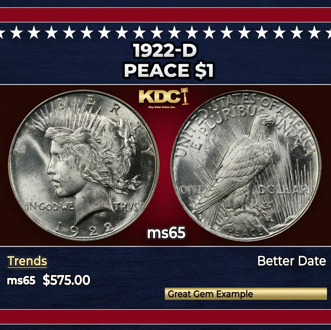 1922-d Peace Dollar $1 Grades ms65: 1922-d Peace Dollar $1 Grades ms65. Historic precious metal trends is causing increased spot pricing by the day. On auctions with set openings, we are doing our best to have items priced at their mark