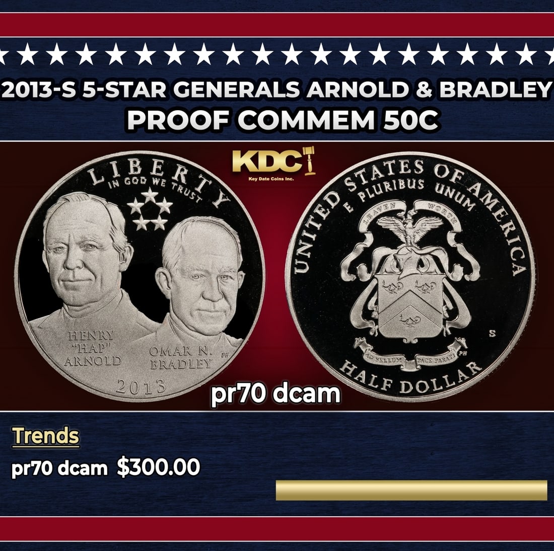 2013-S 5-Star Generals Arnold & Bradley Proof Modern Commem Half Dollar 50c pr70 dcam SEGS: 2013-S 5-Star Generals Arnold & Bradley Modern Commem Half Dollar 50c pr70 dcam SEGS. Historic precious metal trends is causing increased spot pricing by the day. On auctions with set openings, we are