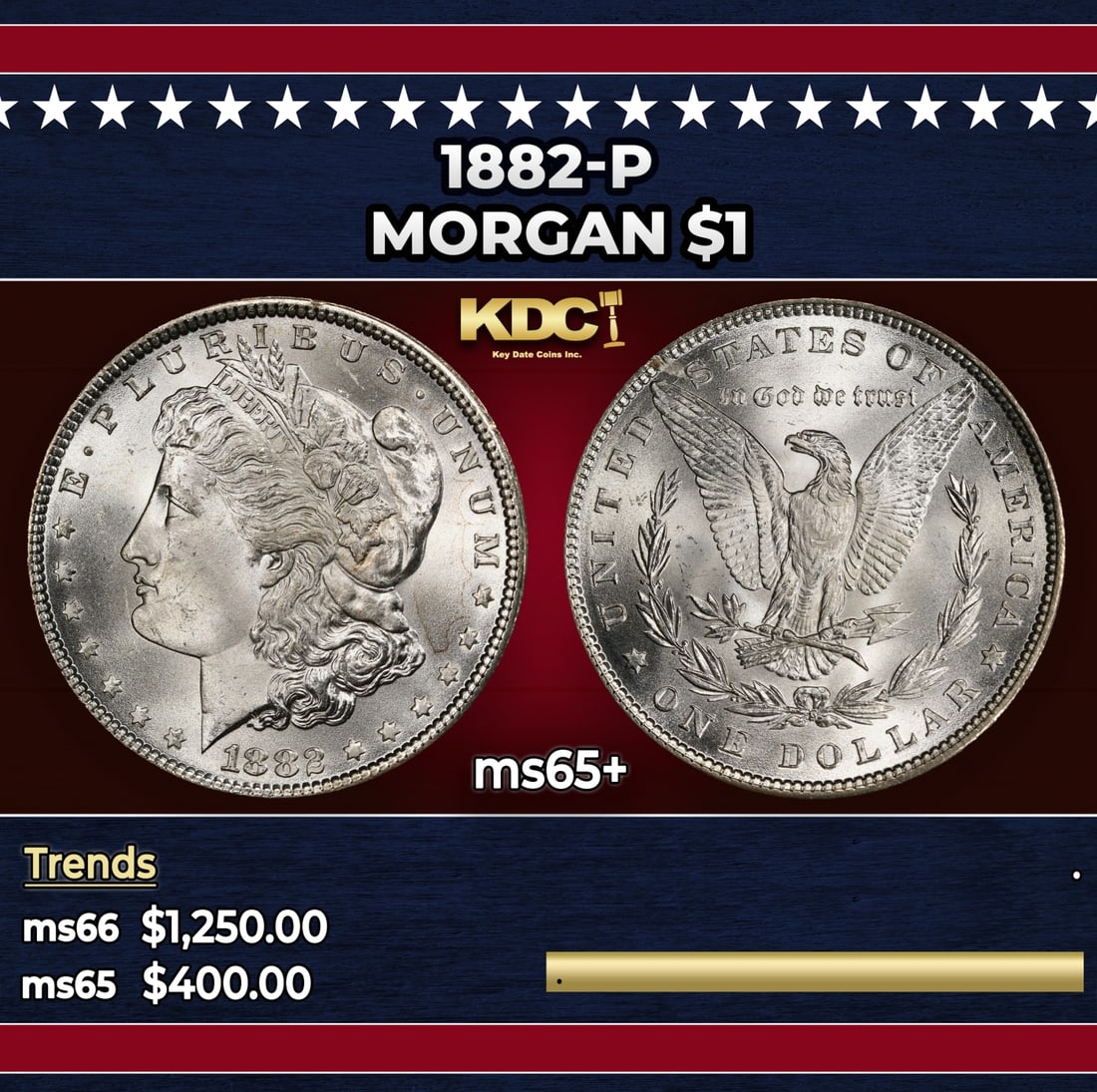 1882-p Morgan Dollar $1 Grades ms65+: 1882-p Morgan Dollar $1 Grades ms65+. Historic precious metal trends is causing increased spot pricing by the day. On auctions with set openings, we are doing our best to have items priced at their ma