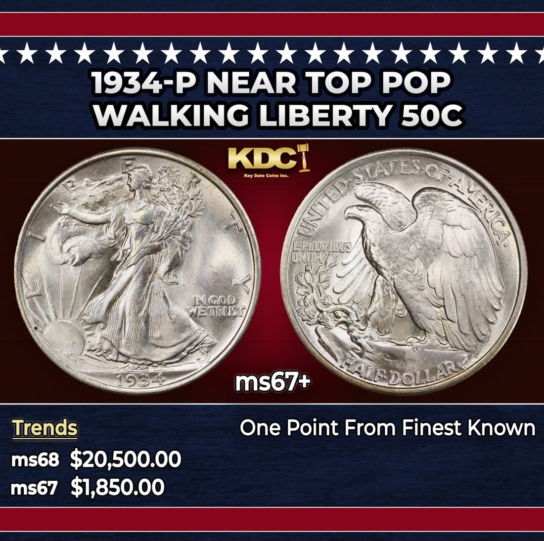 1934-p Walking Liberty Half Dollar Near Top Pop 50c ms67+ SEGS: 1934-p Near Top Pop Walking Liberty Half Dollar 50c ms67+ SEGS. Historic precious metal trends is causing increased spot pricing by the day. On auctions with set openings, we are doing our best to hav
