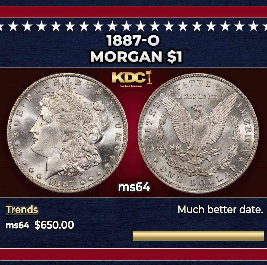 1887-o Morgan Dollar $1 Grades ms64: 1887-o Morgan Dollar $1 Grades ms64. Historic precious metal trends is causing increased spot pricing by the day. On auctions with set openings, we are doing our best to have items priced at their mar
