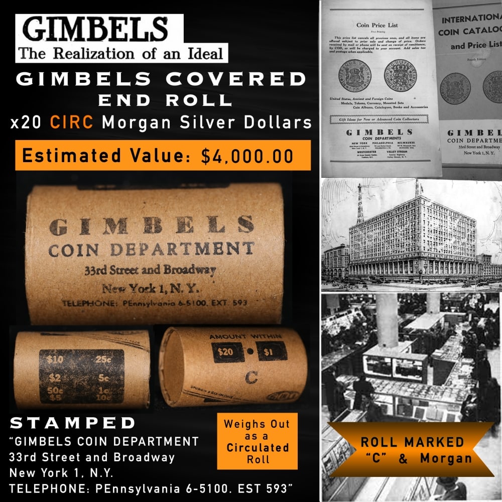 20 GIMBLES Silver Dollar Roll Morgan Circ C: 20 GIMBLES Silver Dollar Roll Morgan Circ C. Up For Auction is a 154- 20 GIMBLES Silver Dollar Roll Morgan Circ C Roll Weighing 534.7 g Based On this weight this is a Circ Roll We are very excited to