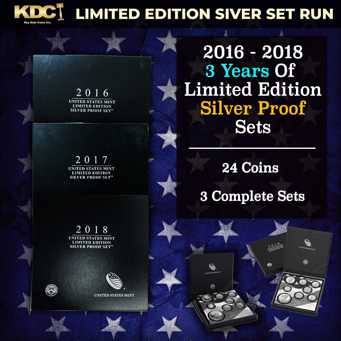 2016-2018 3 Years of Limited Edition Silver Proof Sets - 24 Coins, 3 Complete Sets About 7 oz of: 2016-2018 3 Years of Limited Edition Silver Proof Sets - 24 Coins, 3 Complete Sets About 7 oz of sivler. 2016-2018 3 Years of Limited Edition Silver Proof Sets - 24 Coins, 3 Sets. All sets contain ove