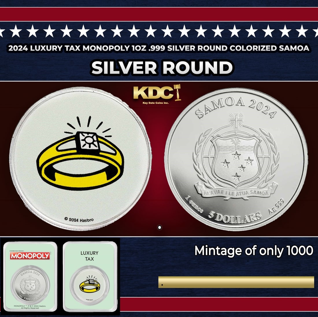 2024 Luxury Tax Monopoly 1oz .999 Silver Round Colorized Samoa Round: 2024 Luxury Tax Monopoly 1oz .999 Silver Round Colorized Samoa. Silver coin is in full color on one side and comes in licensed tamper-evident packaging (TEP). There is a mintage of only 1,000 coins.Th