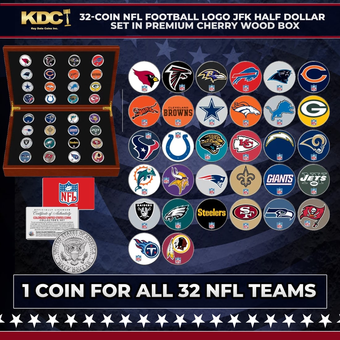 32-Coin NFL Football Logo JFK Half Dollar Set in Premium Cherry Wood Box Other Toy: 32-Coin NFL Football Logo JFK Half Dollar Set in Premium Cherry Wood Box. This is your chance to buy a 32-coin U.S. JFK Kennedy Half Dollar collection enhanced with beautifully colored NFL Football Lo