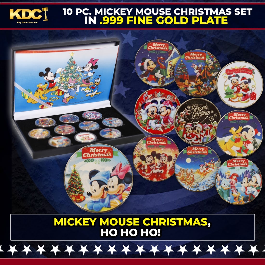 10 Coin Mickey Mouse & Friends CHRISTMAS Gold Plated Round Collection HO HO HO!: 10 Coin Mickey Mouse & Friends CHRISTMAS Gold Plated Round Collection HO HO HO!. Please Note All Backer Cards may have slight differences but will be very similar if not identical to the one in the ph