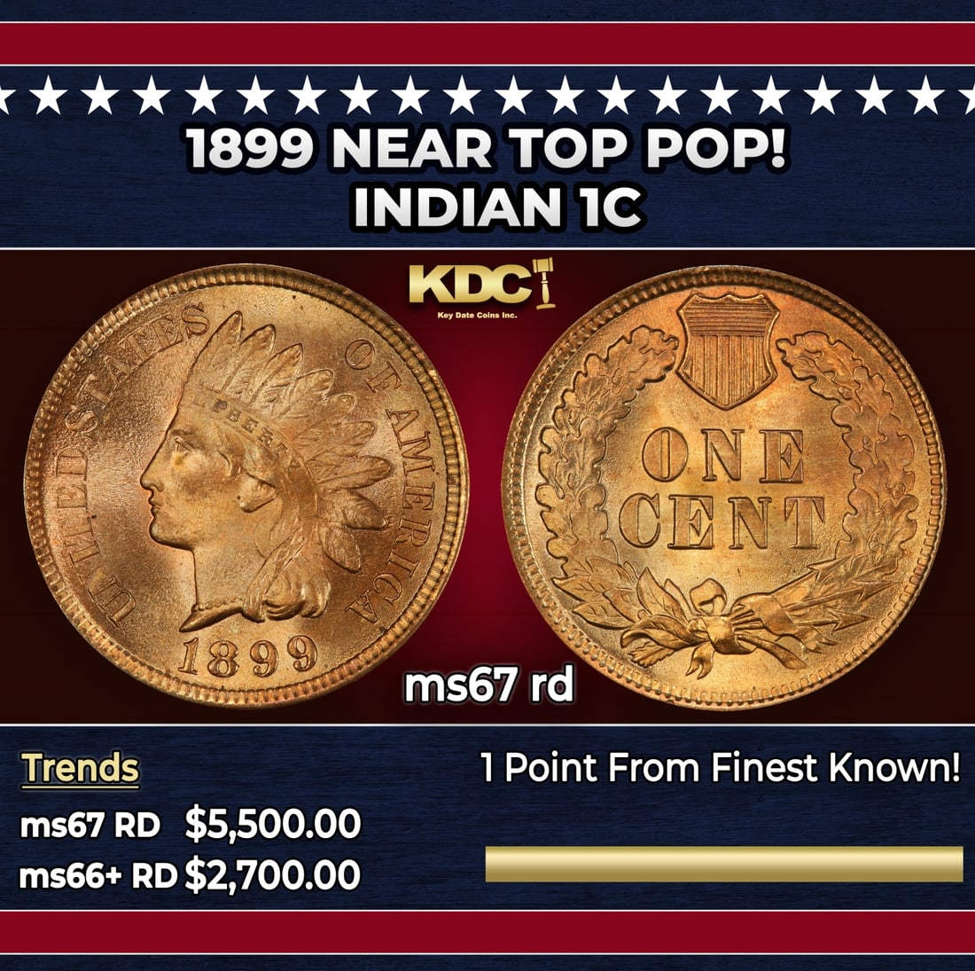 1899 Indian Cent Near Top Pop! 1c ms67 rd SEGS: 1899 Near Top Pop! Indian Cent 1c ms67 rd SEGS. Historic precious metal trends is causing increased spot pricing by the day. On auctions with set openings, we are doing our best to have items priced a