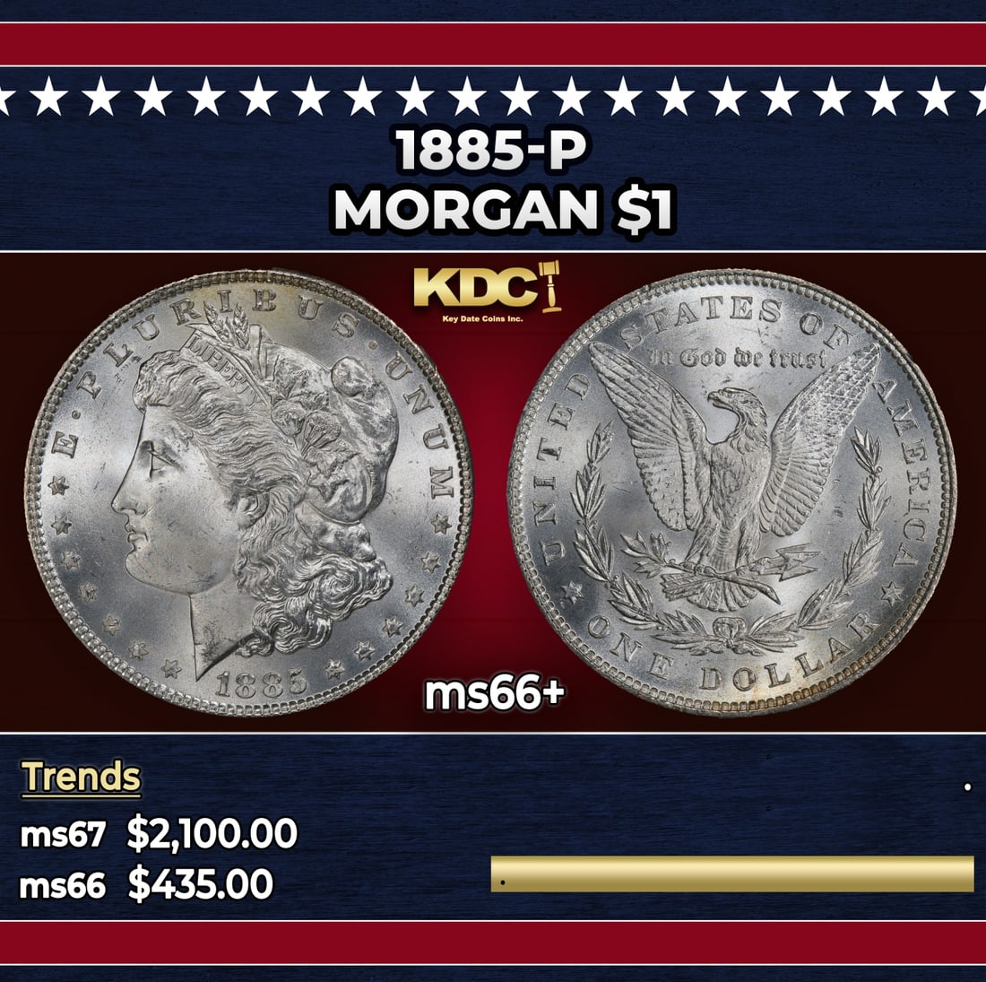 1885-p Morgan Dollar $1 ms66+ SEGS: 1885-p Morgan Dollar $1 ms66+ SEGS. Historic precious metal trends is causing increased spot pricing by the day. On auctions with set openings, we are doing our best to have items priced at their mark
